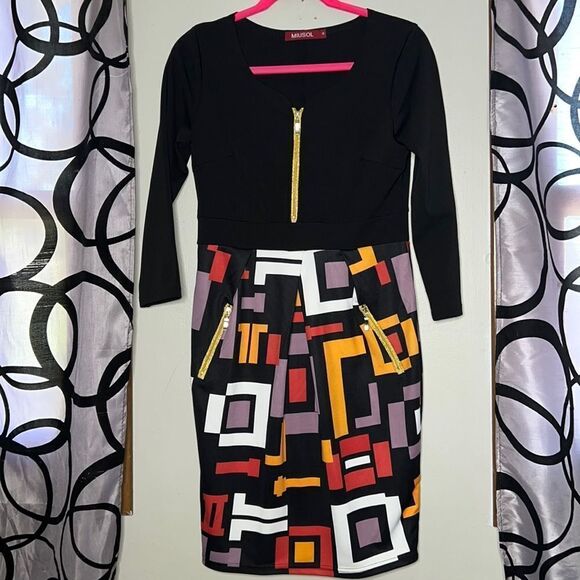 Miusol Women's Sheath Dress M Multi Geometric Exposed Zipper 3/4 Sleeve - Picture 1 of 13